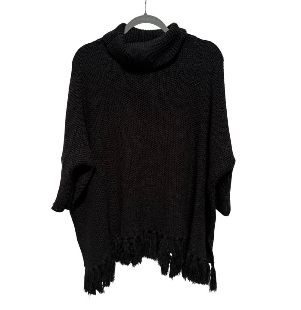 Free People Sweater Poncho Style Fringe Bottom Sleeves Turtleneck One Size Black